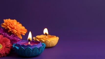 Lit Candles and Flowers on Purple Background