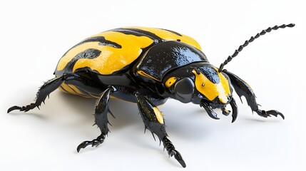 91. A lifelike 3D render of a large yellow and black beetle with fine textures, isolated on a pristine white background