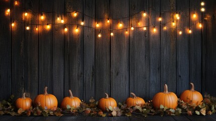 Wall Mural - Rustic wooden background with six orange pumpkins and autumn leaves and a string of warm white fairy lights.