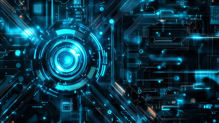 Poster - Futuristic technology circuits with glowing elements create a digital landscape during nighttime