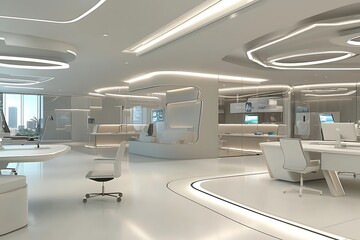 Ergonomically designed futuristic office space rendered in 3D.