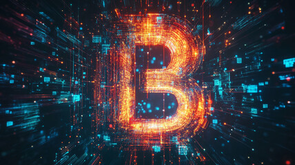 Poster - Dynamic digital illustration of a glowing letter B among a vibrant burst of data streams and lights