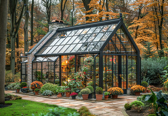 Autumn Serenity in the Glass House: A black-framed greenhouse glows amidst a symphony of fall foliage, offering a tranquil escape for plant lovers. 