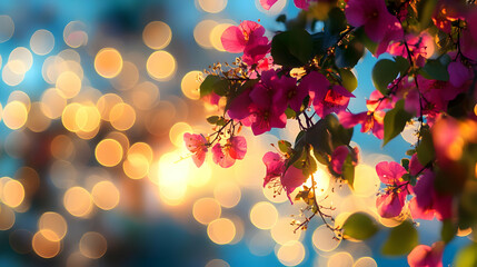 Wall Mural - Pink Flowers Bokeh Background Sunset Nature