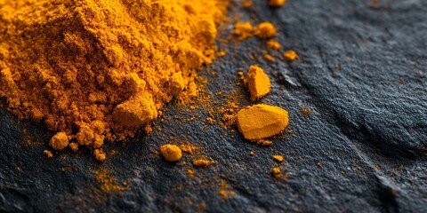 Closeup of yellow turmeric powder scattered on a black surface.