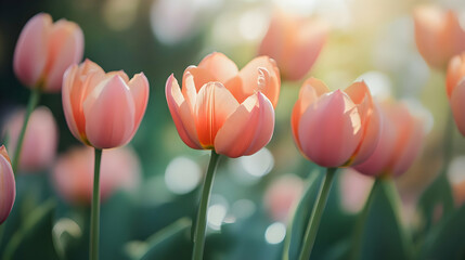 Wall Mural - Close Up Pink Tulips Blooming in Spring Garden Sunlight