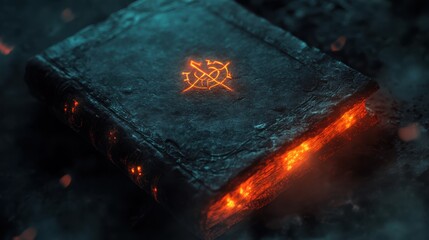 Close-up of an ancient, creepy tome with glowing symbols on the cover, set against a dark, shadowy background with subtle hints of mist, Copy space, happy Halloween special background, magical decor