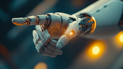 Poster - A detailed robotic hand reaches out, featuring intricate designs and glowing elements