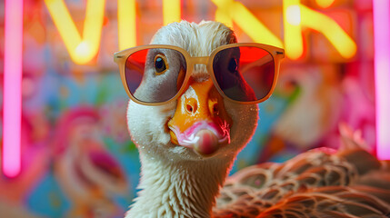 Funny goose wearing sunglasses in studio with a colorful and bright background