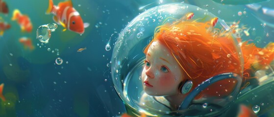 Surreal underwater journey, vibrant orange-haired girl exploring aquatic world, colorful fish swimming alongside, whimsical atmosphere blending fantasy and reality