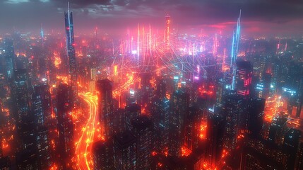 A smart city at night, glowing with pulsing communication lines connecting high-tech buildings and roads. The vibrant neon data streams form a web of digital energy across the urban landscape,