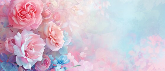  Delicate Roses on Pastel Canvas, a soft watercolor composition featuring blooming roses in shades of pink and blue, set against a serene pastel backdrop, evoking tranquility and beauty.