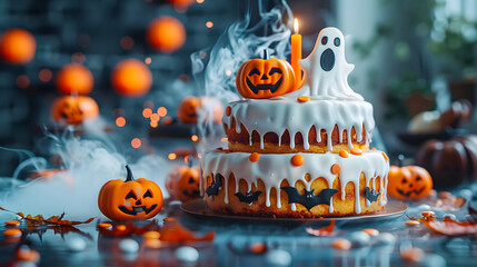 Wall Mural - Halloween party cake Cookies screaming ghost on the table decorated with cream, pumpkins, candles, smoke spooky scary trick or treats