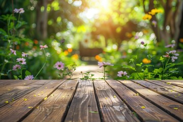 Old wooden flooring and an ornamental plant in the garden