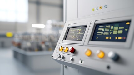 A professional shot of a detailed control panel in a modern power plant, with buttons and screens illuminated. The image features deep depth of field with ample space for text in the background.