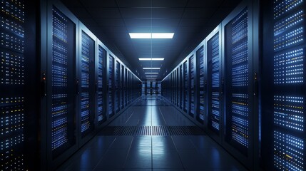 Wall Mural - A long hallway lined with rows of server racks in a modern data center