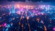 © TranNgoc - Aerial view of a tech-driven city at night, where illuminated data streams link mobile devices, homes, and business hubs. The vibrant neon lines form a complex web of communication across the skyline,