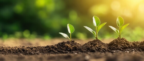 Wall Mural - Young Green Plants Growing in Soil with Sunlight in the Background - Concept of Growth and New Beginnings