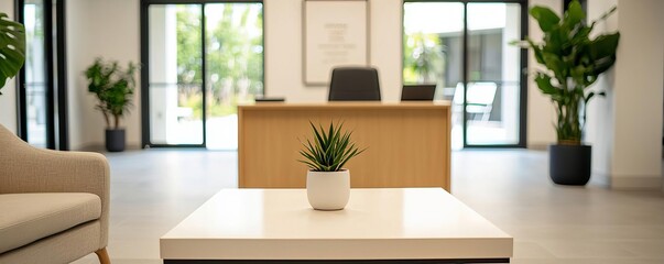 A modern office interior featuring a sleek reception area with a potted plant and minimalistic design for a welcoming atmosphere.