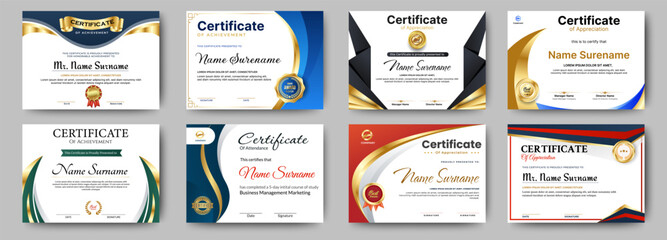 Certificates of achievement template with luxury badge. Eight choice of certificates For award, business, and education needs. Diploma vector template