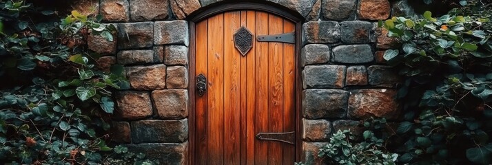 an old wooden gate with intricate iron detailing, set in an ancient stone wall covered in moss and ivy, surrounded by lush foliage and greenery, creating a fairytale-like atmosphere of mystery and enc