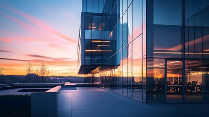 Wall Mural - Modern Office Building with Sunset Reflected in Glass Windows