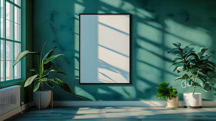 Wall Mural - Mockup poster frame in minimalist interior background with dark green wall