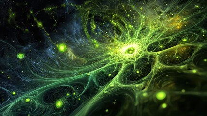 Wall Mural - Abstract Cosmic Green and Yellow Fractal Art with Glowing Lights and Intricate Patterns in Deep Space