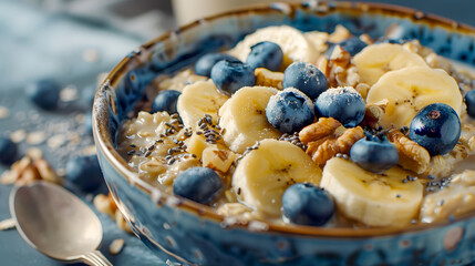 oat porridge with banana, blueberry, walnut, chia seeds and almond milk for healthy breakfast or lun