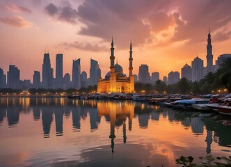 Wall Mural - A colorful sunset over the skyline of a modern city, with skyscrapers and high-rise buildings reflected in the calm waters of a river or lake. In the foreground, there is a traditional mosque.