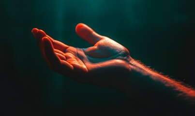 Outstretched hand with dramatic lighting on a dark background, Generative AI 