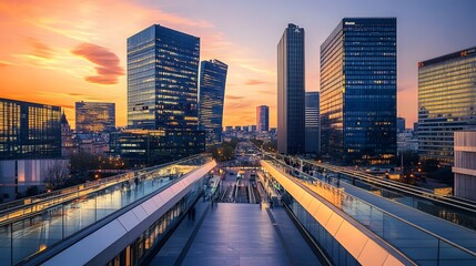 Wall Mural - Elevated walkway overlooking modern skyscrapers at sunset