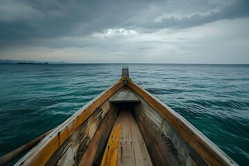 Wooden boat on the sea with blue sky and clouds background.