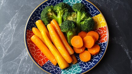 Vibrant Steamed Vegetables on Colorful Plate - Top View of Healthy Eating Concept