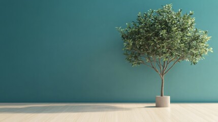 Wall Mural - A green leafy plant in a pot on a light wood floor in front of a teal wall.