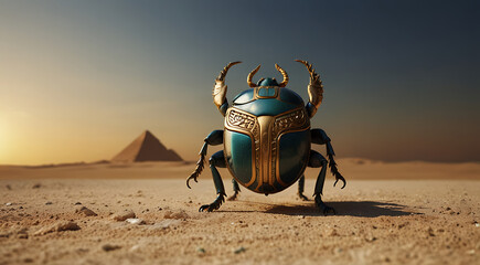 Wall Mural - A simple design of the Egyptian scarab beetle, pushing a glowing sun, symbolizing rebirth and protection from Egyptian mythology, with a plain background and copy space.