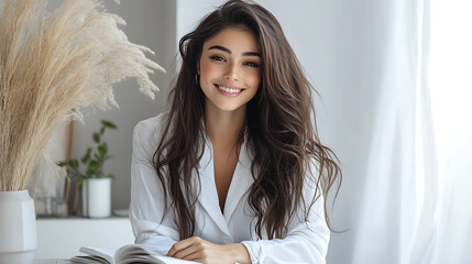 Beautiful brunette with long wavy hair sitting on her desk in front of her note book. dressed elegantly in white business casual attire. her desk is elegant and minimal