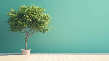 Wall Mural - A potted plant on a wooden floor in front of a teal wall.