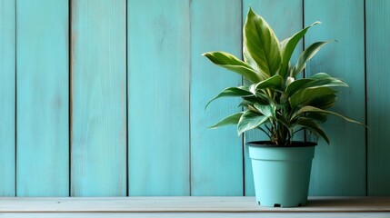 Wall Mural - A potted plant with green leaves against a light blue woodgrain background.