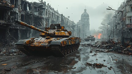 A tank drives through a destroyed city street. The tank is covered in camouflage paint and is driving towards a building with a dome on top.