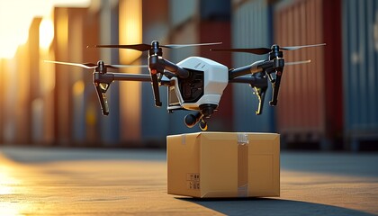 Drone delivering a package in sunlight, showcasing modern delivery technology and convenience in logistics and e-commerce.