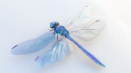 Wall Mural - 23. A realistic 3D render of a blue dragonfly with iridescent wings, isolated on a pristine white background