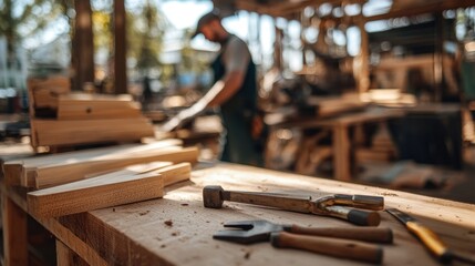 A professional carpenter is working with tools on a wooden table. Tools located next to work equipment become a focal point