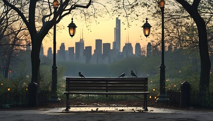 Wall Mural - Tranquil park oasis featuring two birds on a bench amidst trees and lanterns, framed by a vibrant city skyline in the backdrop