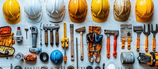 Construction Tools Arranged On White Wooden Surface