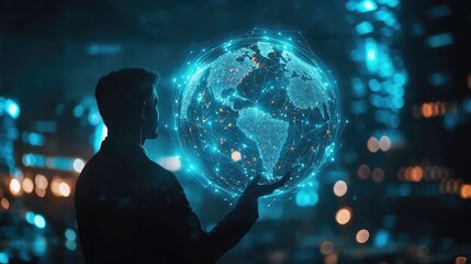 A man in a suit holds a glowing globe representing global connectivity and technology in a futuristic urban setting.