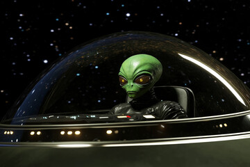 Wall Mural - Green alien inside spaceship in shape of flying saucer navigating through outer space. Alien piloting UFO. Extraterrestrial life and interstellar travel