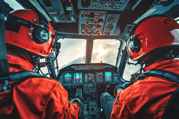 Two helicopter rescue pilots in full gear in cockpit. Emergency team preparing to search operation