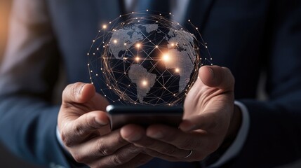 A businessman holds a smartphone with a glowing globe and network lines above, symbolizing global connectivity and digital innovation.