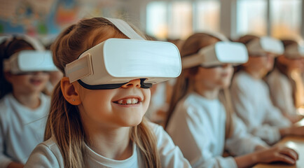 Poster - In classroom, happy kids in white virtual glasses sitting at the school desk, happy atmosphere. Generative AI.